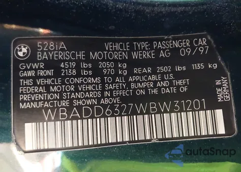 1998 BMW 528I z USA, uszkodzony, nr VIN WBADD6327WBW31201